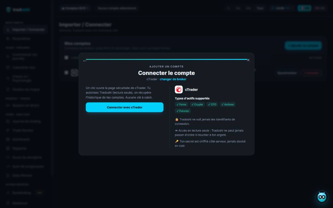 Tradoshi's Connect account screen, with the Connect with cTrader button