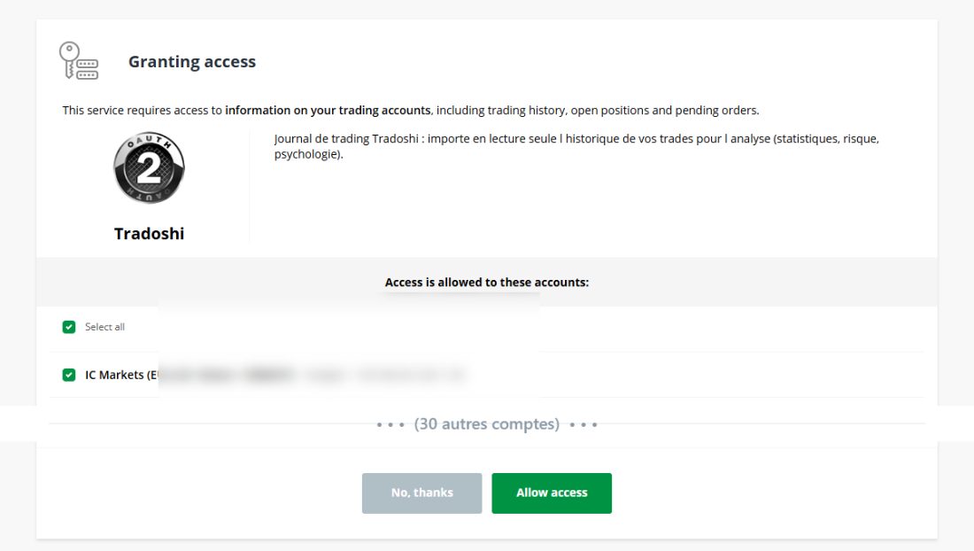 The cTrader authorisation screen, read-only