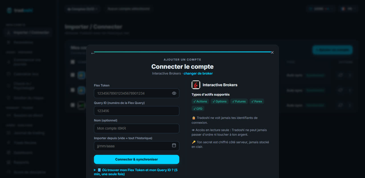 Formulario de Tradoshi: Flex Token, Query ID y fecha de importación