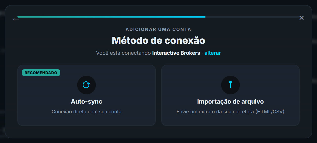 Escolha do método de conexão: Auto-sync ou importação de arquivo