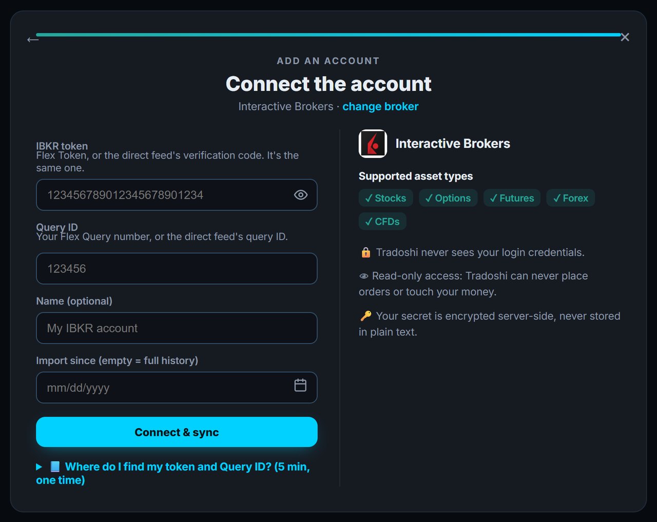 Formulário Tradoshi: token IBKR, Query ID, nome e data de importação