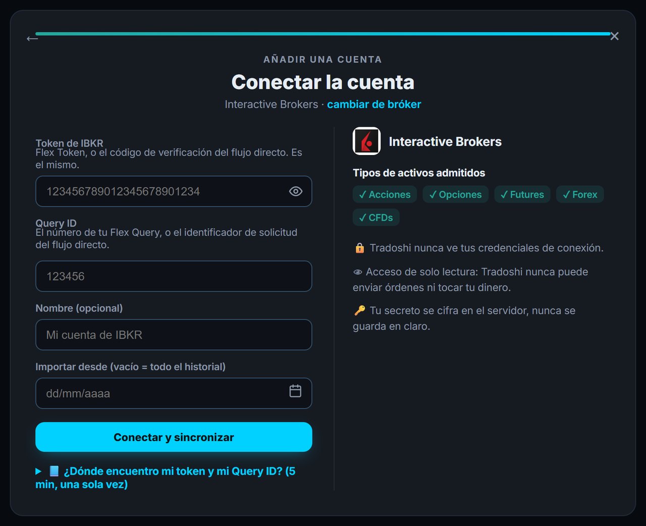Formulario de Tradoshi: token de IBKR, Query ID, nombre y fecha de importación