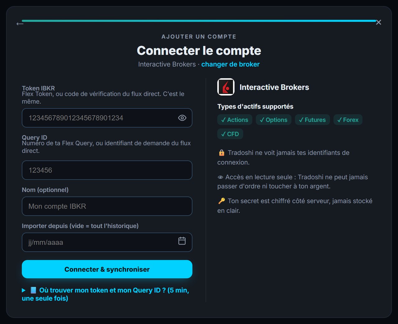Formulaire Tradoshi : token IBKR, Query ID, nom et date d'import