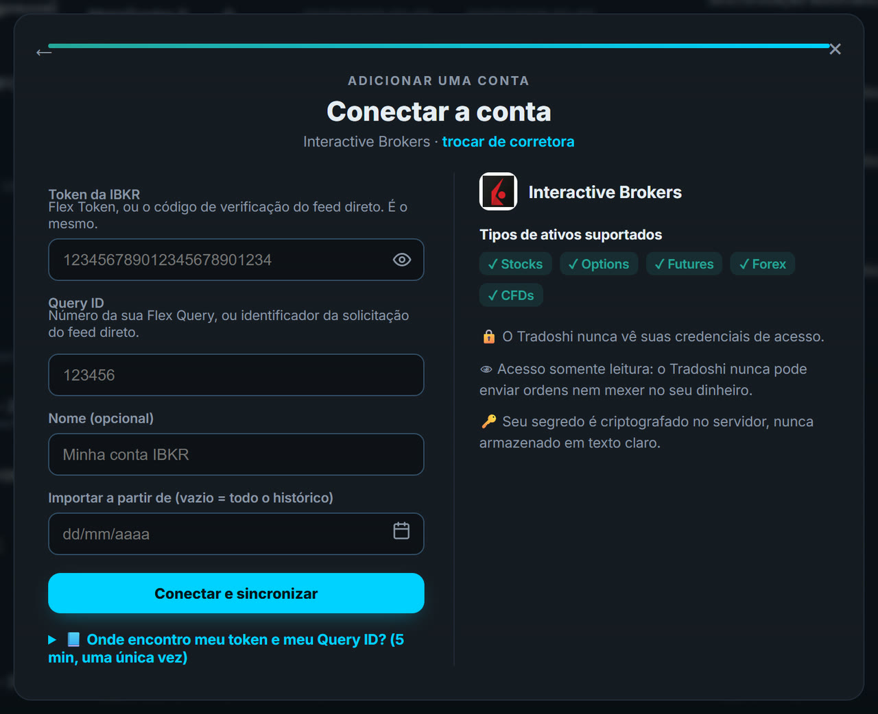 Formulário Tradoshi: token IBKR, Query ID, nome e data de importação