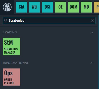The Quantower main menu filtered on Strategies, showing the Strategies manager tile