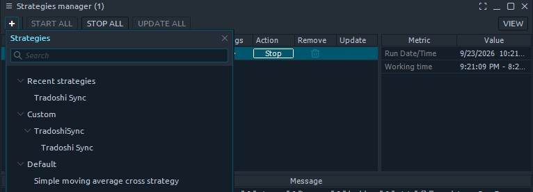 The Quantower strategy list, with Tradoshi Sync under Custom