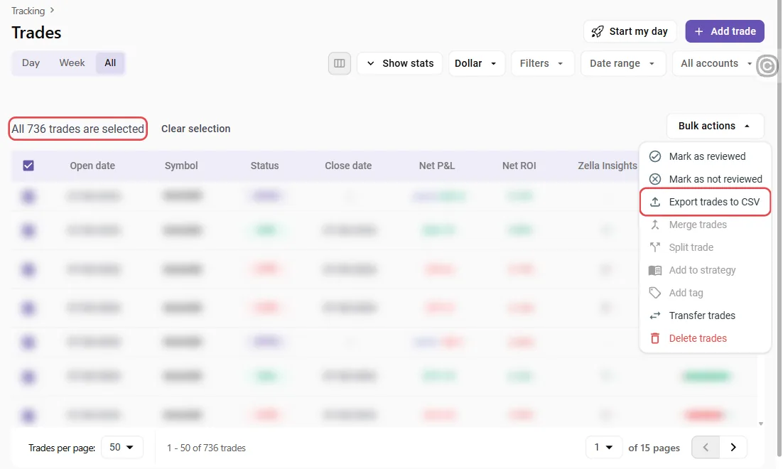 TradeZella, Trades page: every trade selected, Bulk actions menu open on Export trades to CSV