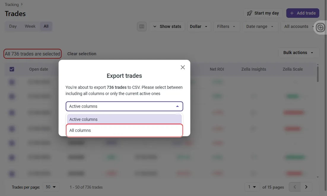 TradeZella's Export trades window: the list open, choose All columns rather than Active columns