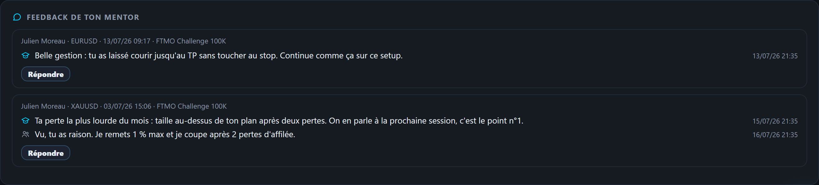 Écran élève : commentaires du mentor sur ses trades et réponse de l'élève