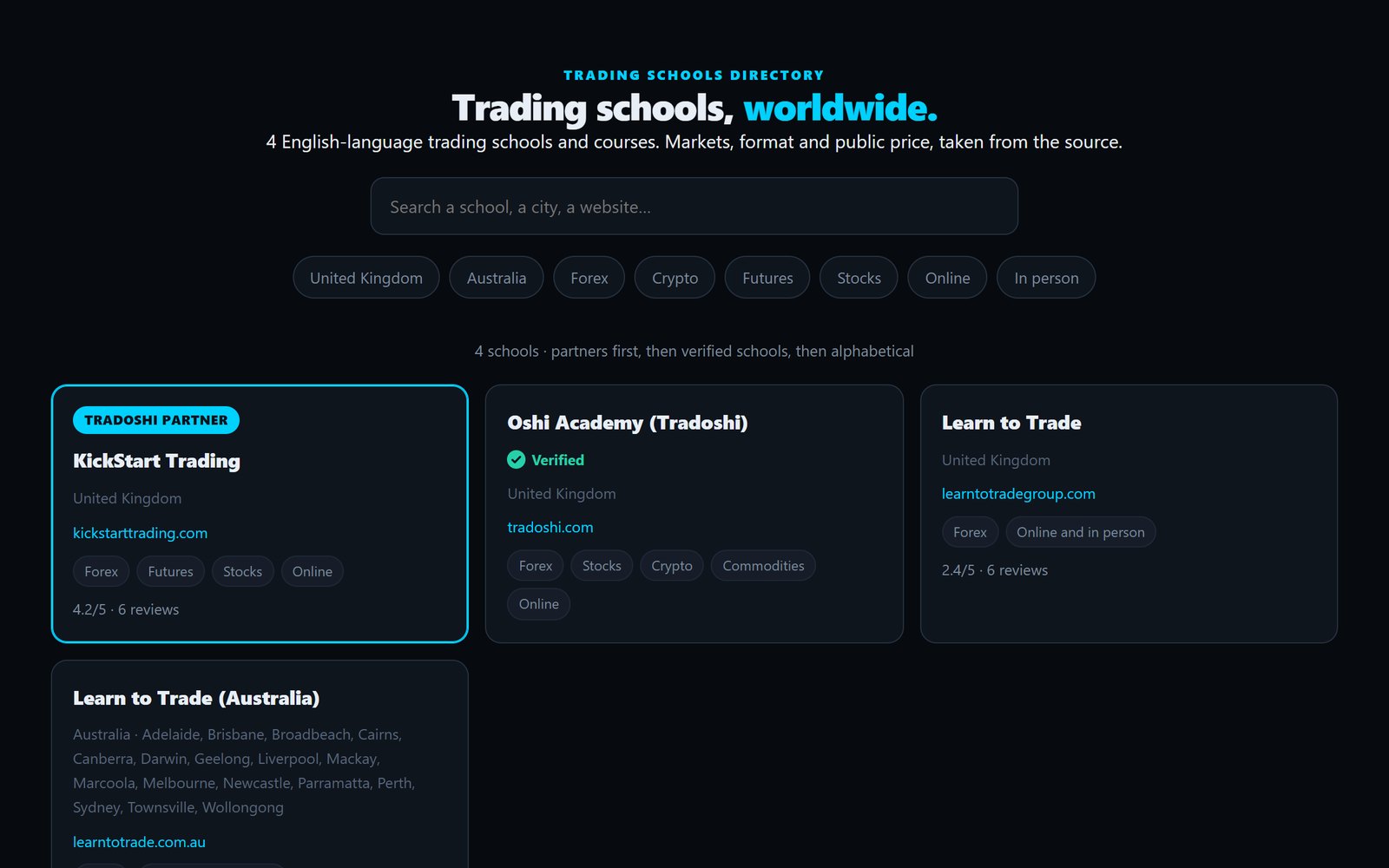 The Tradoshi trading schools directory, with its filters and listings