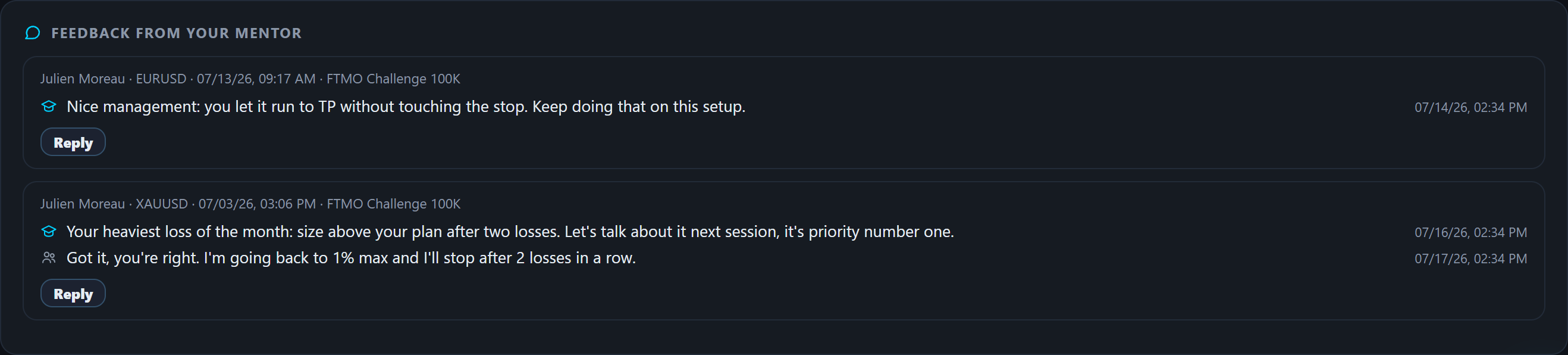 Student screen: mentor's comments on their trades and the student's reply