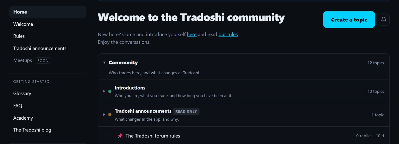 The Tradoshi forum: the community home and its sections
