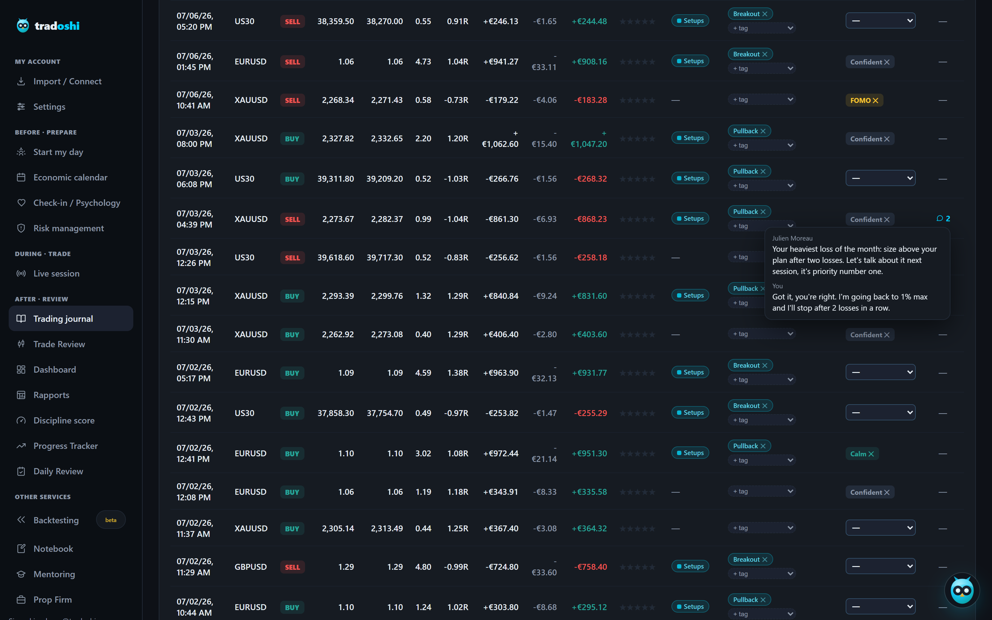 Student's journal: mentor comments column with the hover preview open