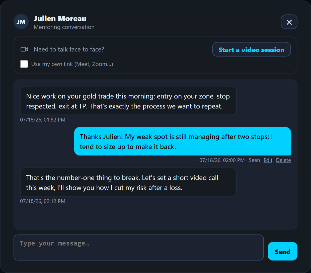 Mentoring chat window: private thread with a read receipt