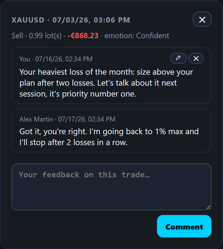 A trade's comment thread: mentor feedback and the student's reply