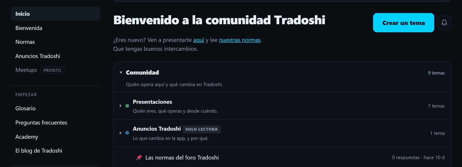 El foro de Tradoshi: la portada de la comunidad y sus secciones