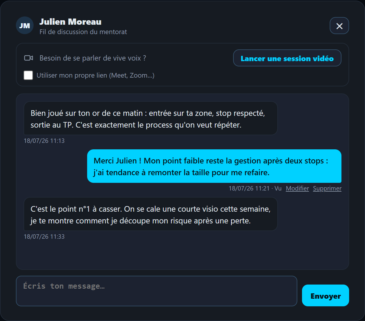 Fenêtre de messagerie du mentorat : fil privé avec accusé de lecture « Vu »