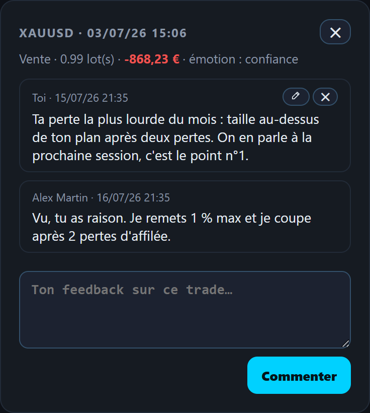 Fil de commentaires d'un trade : feedback du mentor et réponse de l'élève