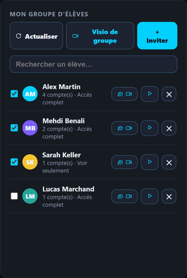 Espace mentor avec le bouton Visio de groupe au-dessus de la liste des élèves