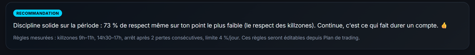 La recommandation de l'écran Psychologie : ton point faible du moment, nommé à partir de tes trades.