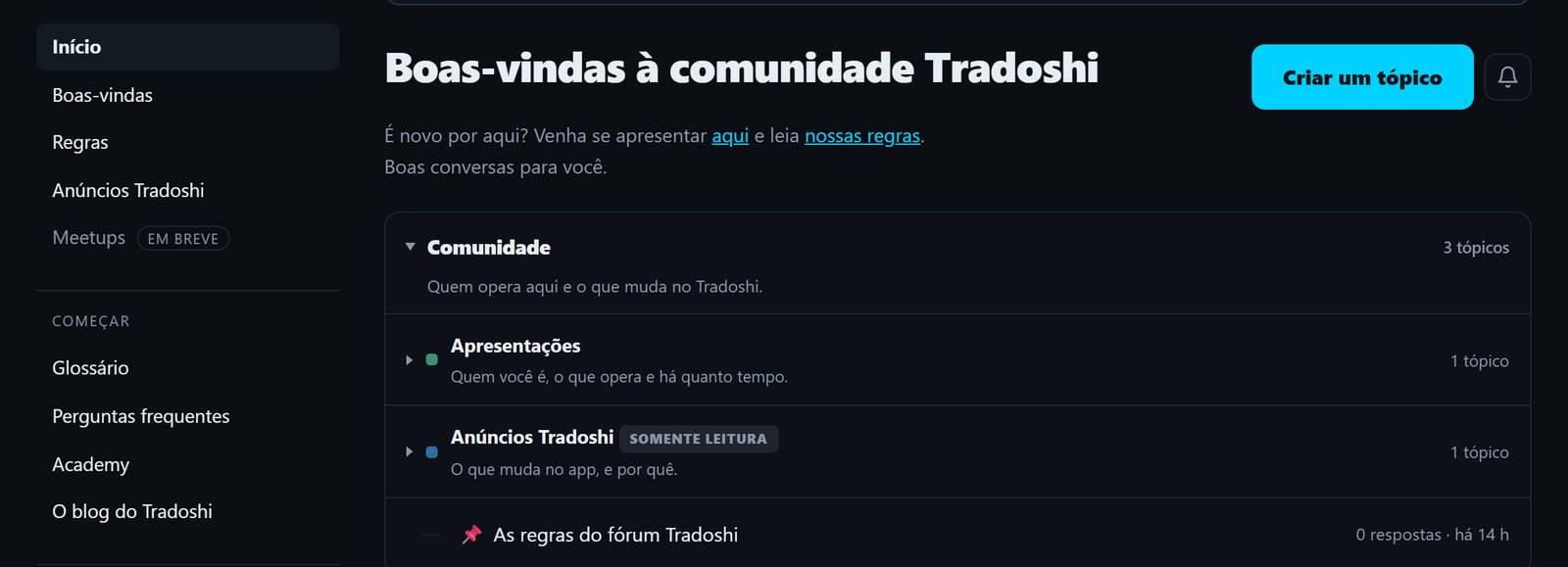 O fórum da Tradoshi: a página inicial da comunidade e suas seções