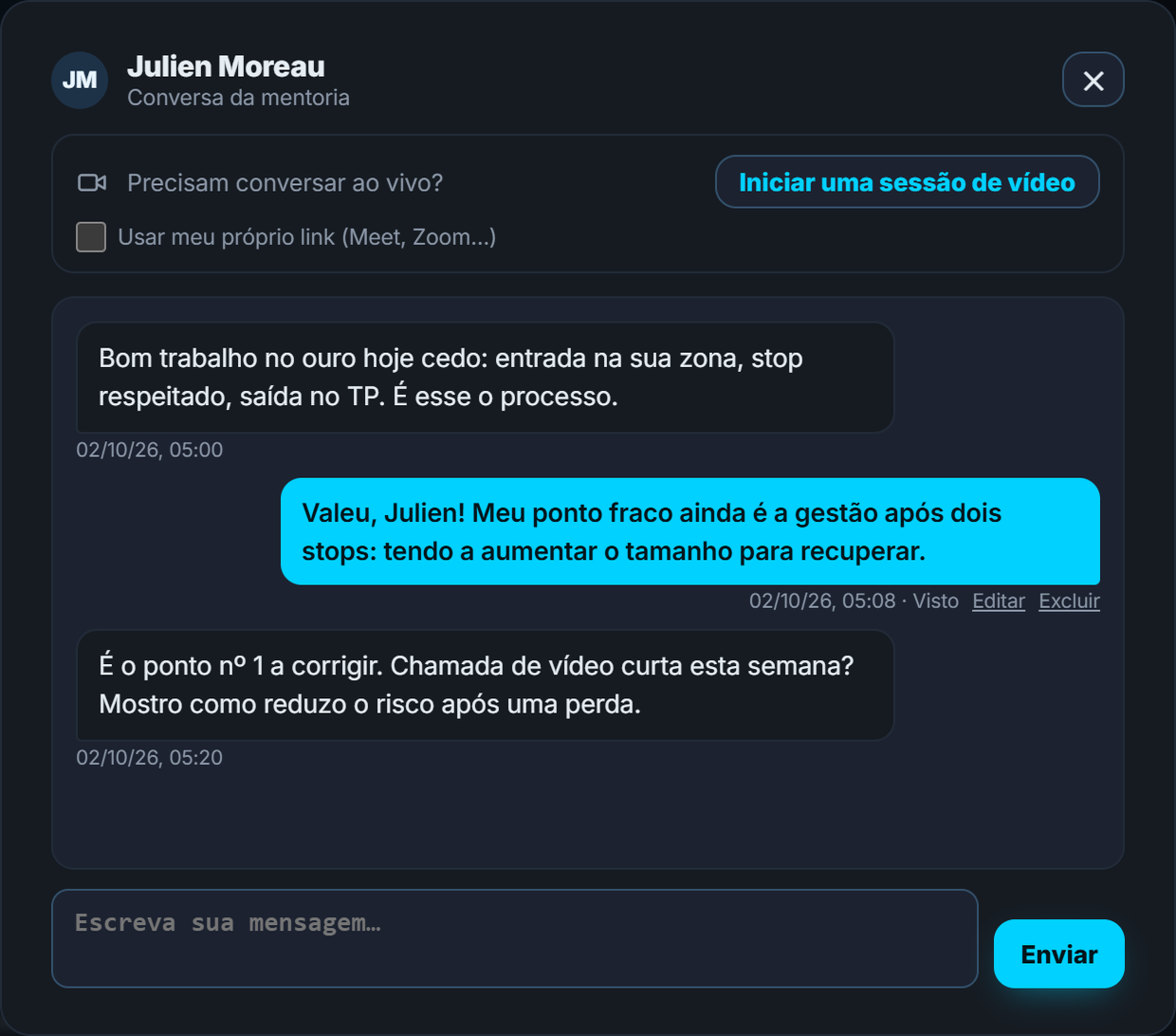 Janela de mensagens da mentoria: conversa privada com confirmação de leitura “Visto”