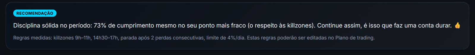 A recomendação da tela Psicologia: seu ponto fraco do momento, identificado a partir dos seus trades.