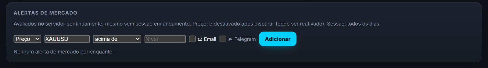 Os alertas de mercado: defina seu nível e deixe o alerta avisar você, em vez de correr atrás do movimento.