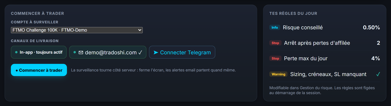 La session en direct : ton compte suivi côté serveur pendant la séance, avec tes règles de discipline vérifiées en continu.