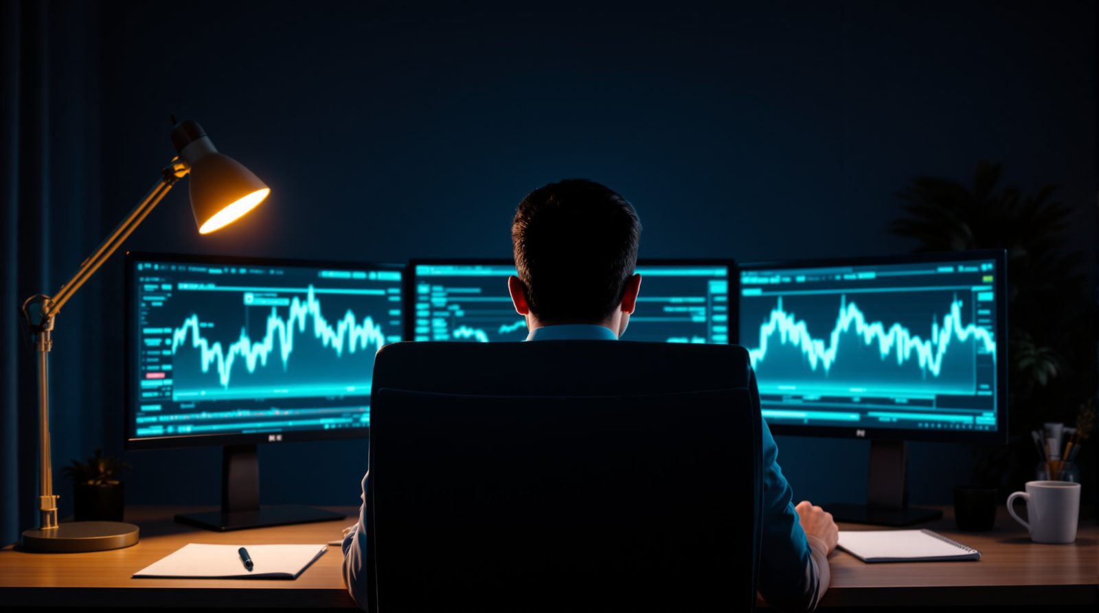 A trader seen from behind facing three screens with a blue line running across them, under a desk lamp