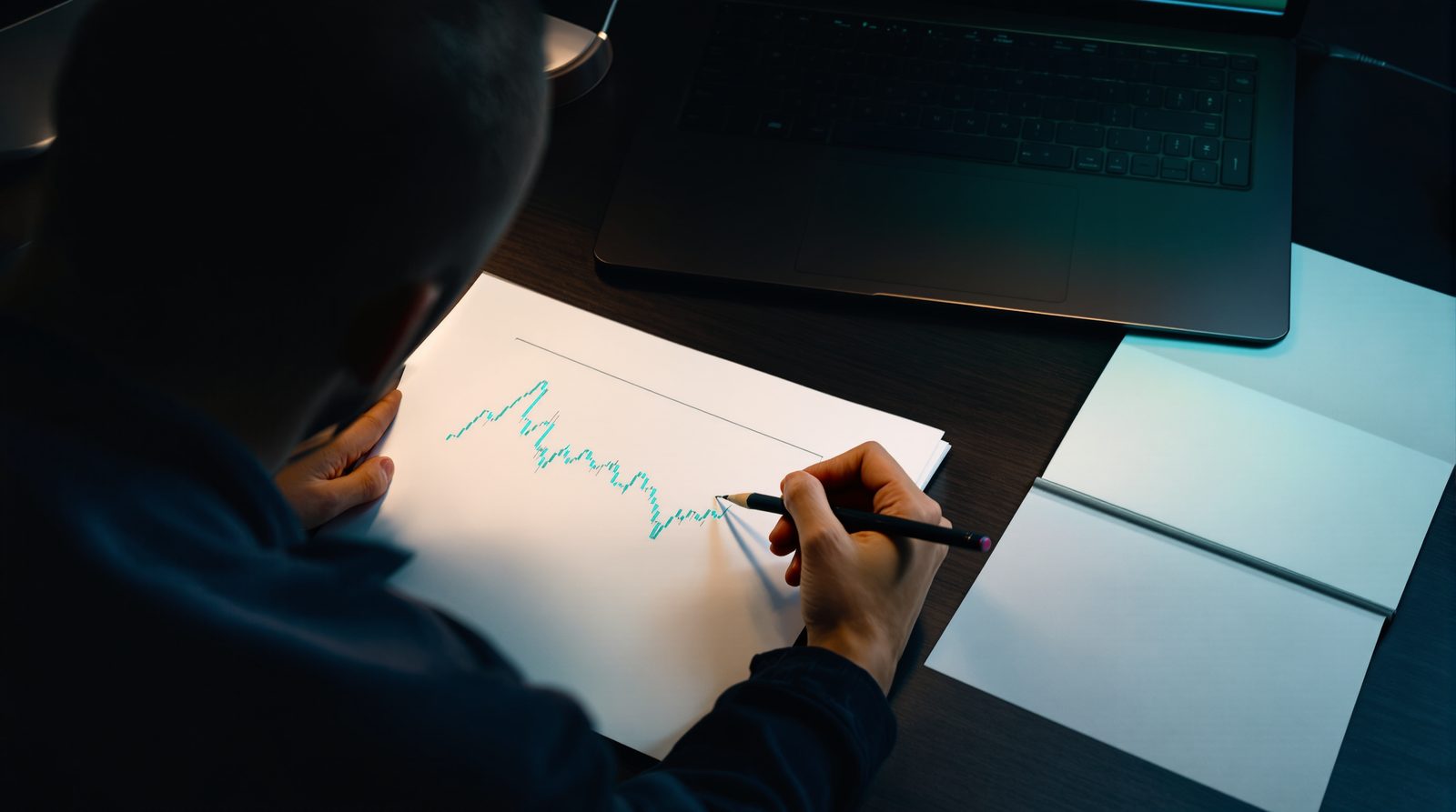 A trader seen from behind drawing a chart in pencil on a sheet of paper, an open laptop beside it