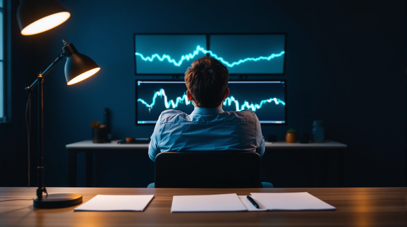 A trader seen from behind, sitting still before two stacked screens tracing a line, blank sheets on the desk