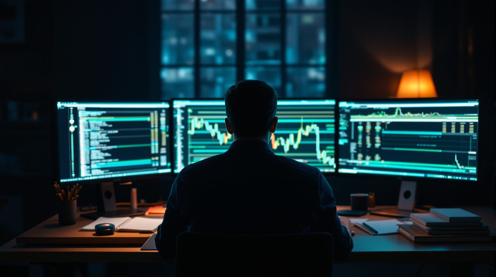 Un trader de dos devant trois écrans où défilent les ordres et les graphiques, la nuit