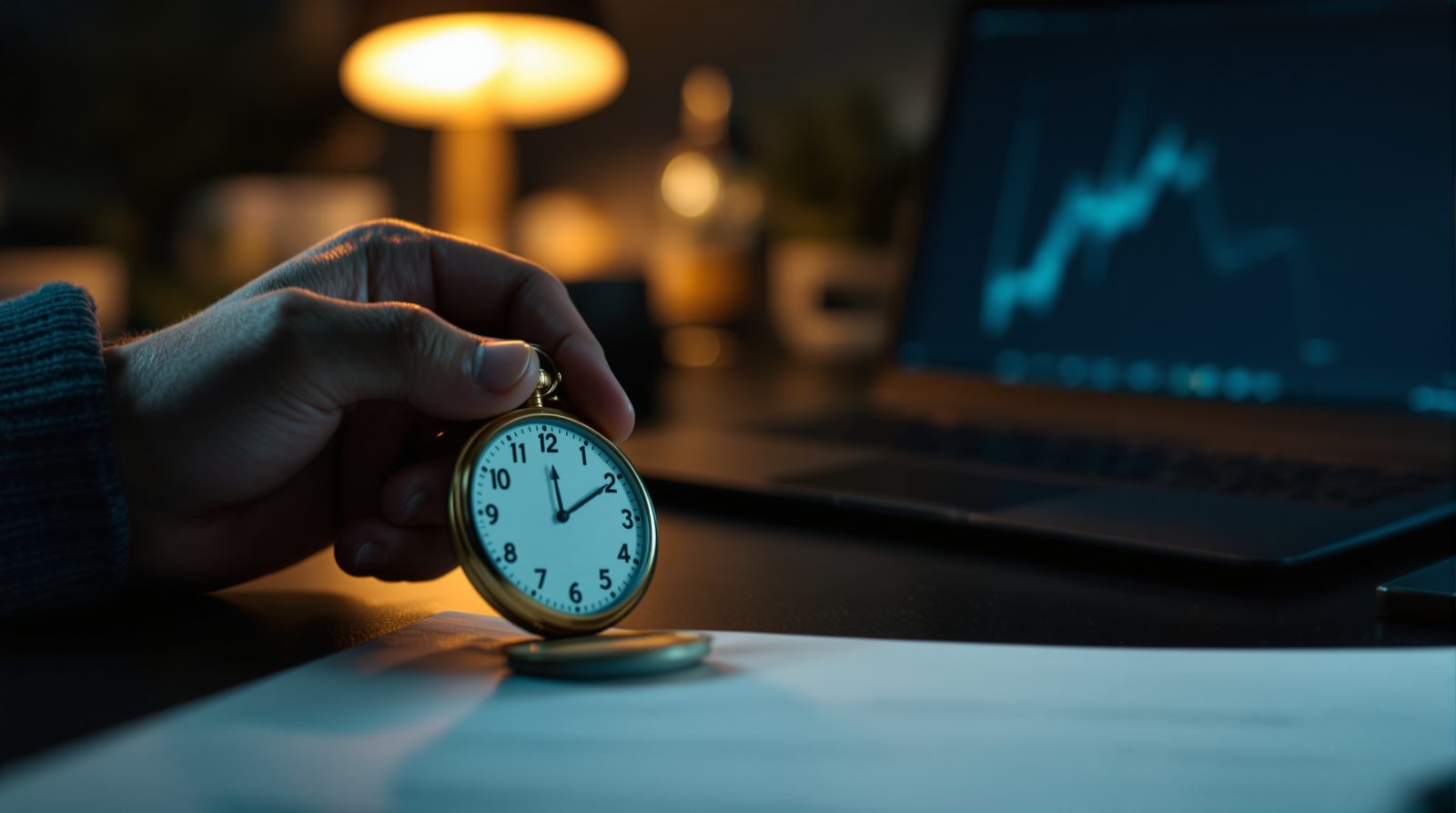 A hand holding a pocket watch in front of a laptop showing a rising line: going back in time to test
