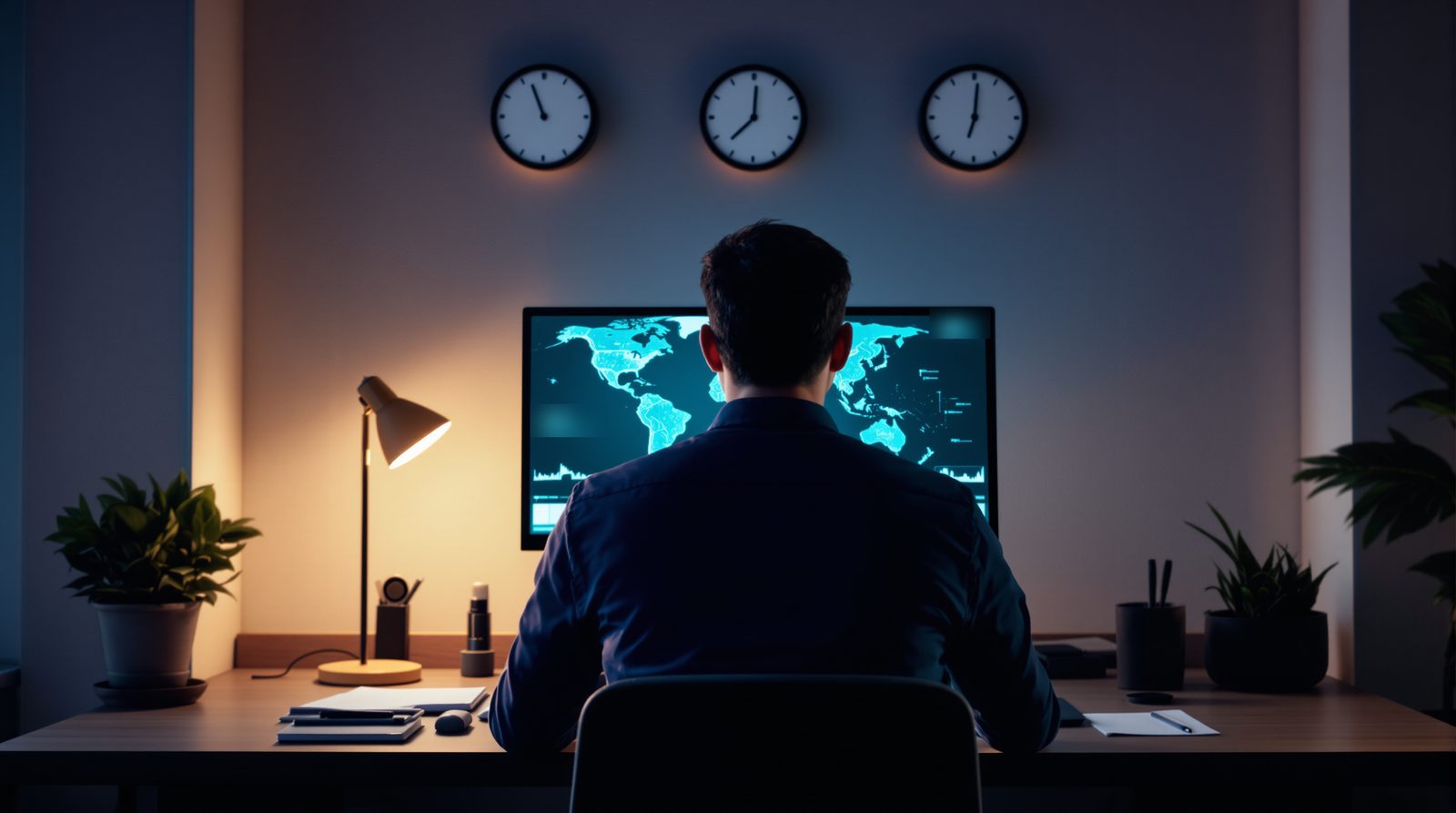 A trader seen from behind in front of a world map on screen, three clocks set to different time zones on the wall