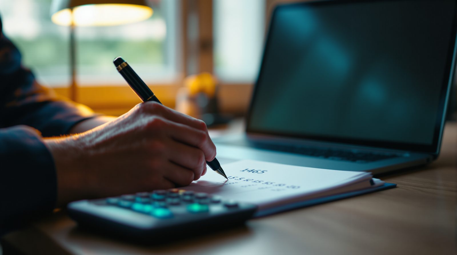 Deux mains inscrivent des chiffres dans un registre papier, une calculatrice posée à côté