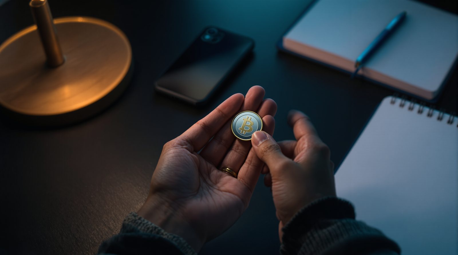 Two hands holding a coin stamped with the bitcoin symbol, a phone lying on the desk beside them