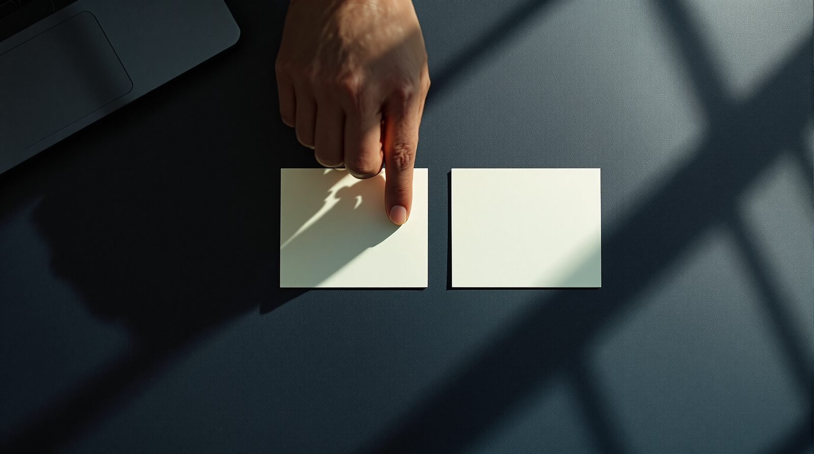 A hand hesitating above two identical cards lying side by side