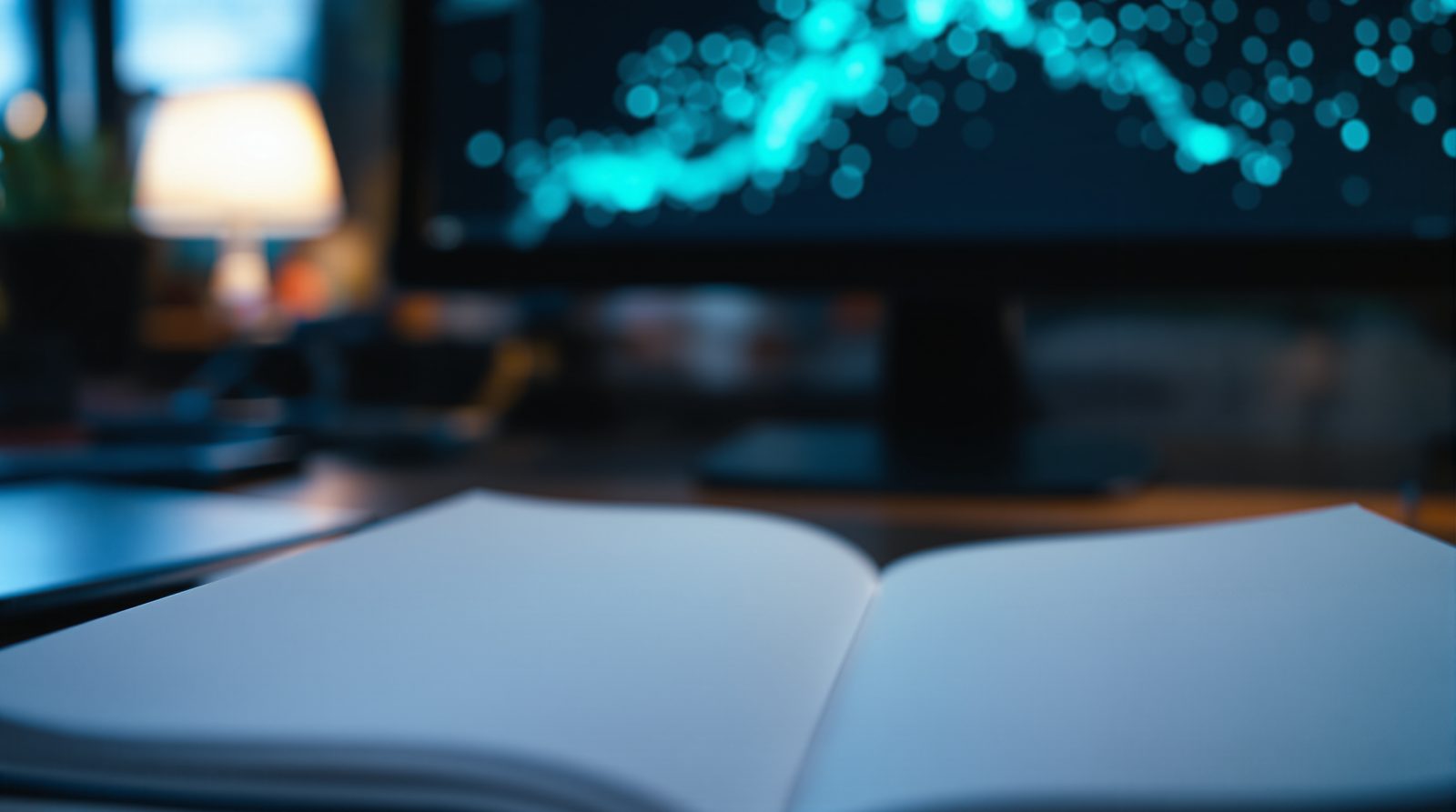 An open notebook in the foreground and, on the screen behind, a cloud of glowing dots rising slightly