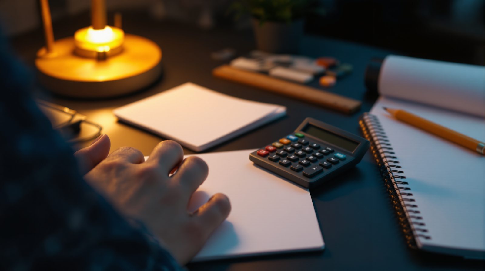 Une main posée sur une feuille à côté d'une calculatrice, d'une règle et d'un carnet, sous une lampe de bureau