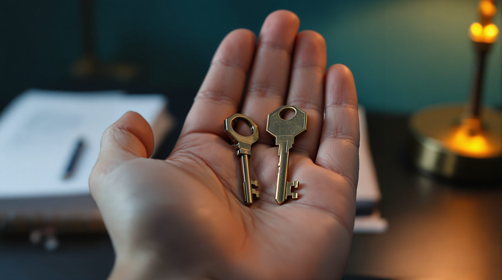 An open hand holding two different brass keys: one has to be chosen