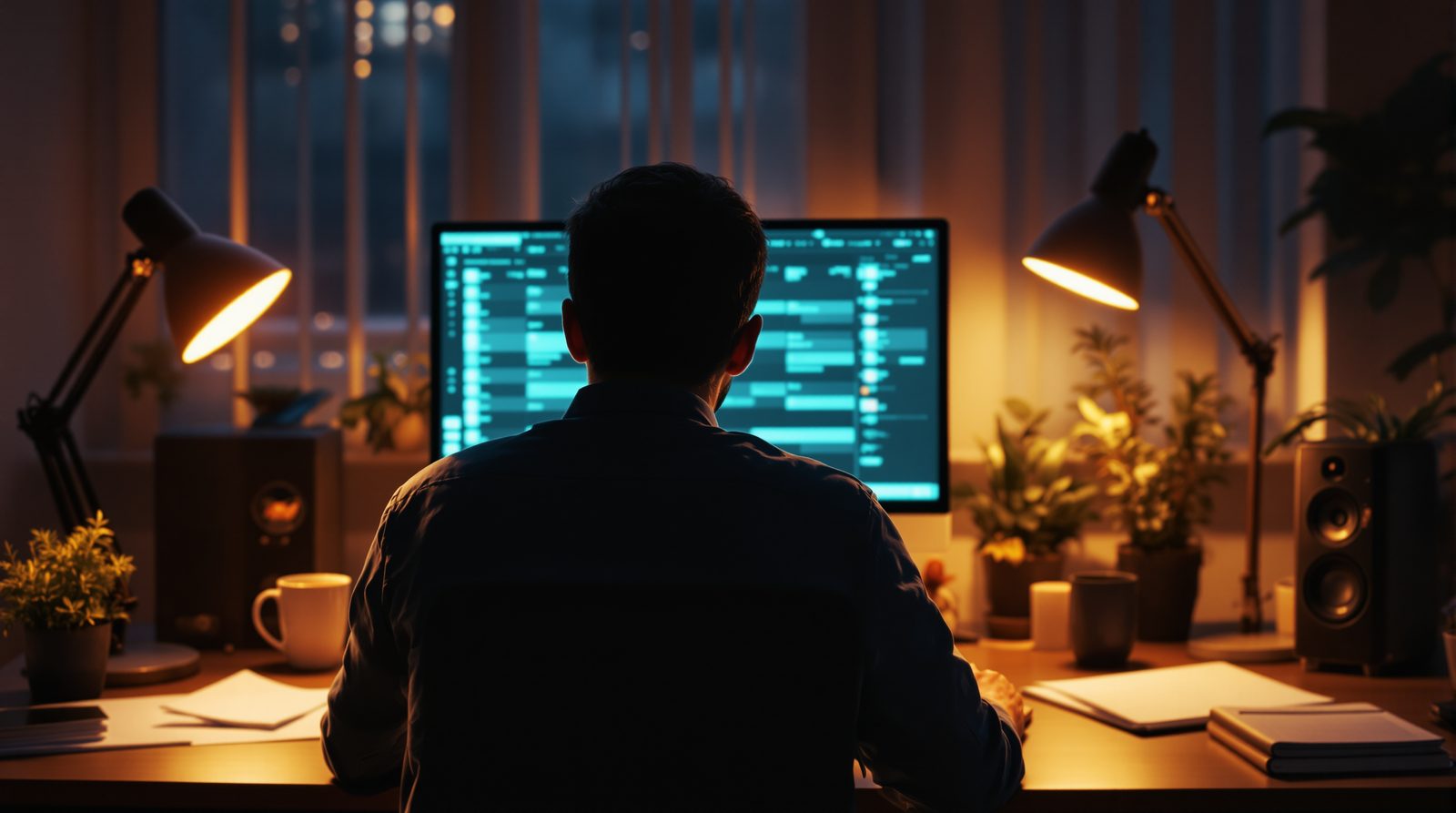 A trader seen from behind in a home office in the evening, between two lamps and two speakers