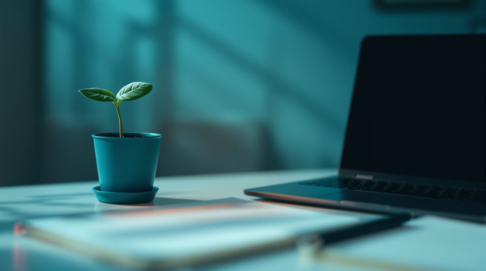 A young seedling in a pot, beside a laptop and a new notebook