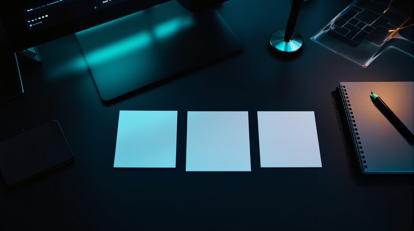 Seen from above, three blank cards lined up on a dark desk, a notebook and a pencil beside them