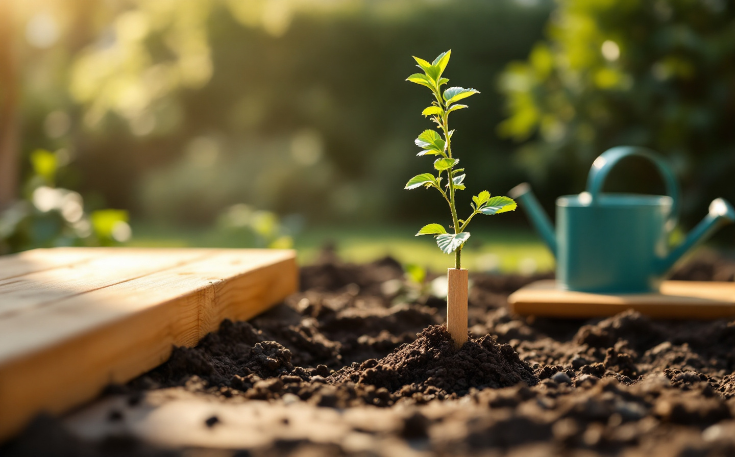 Un jeune arbre soutenu par un tuteur en bois dans un jardin baigné de lumière douce du matin