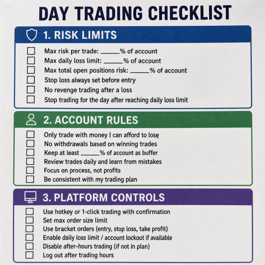 Day trading checklist with three sections: risk limits, account rules, and platform controls
