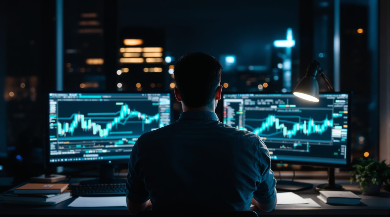 Un trader de dos devant deux écrans de graphiques, la ville allumée dans la nuit derrière la vitre