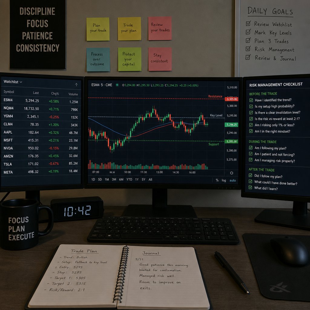 Day trader desk with three monitors, a risk management checklist, a written trade plan and an open trading journal