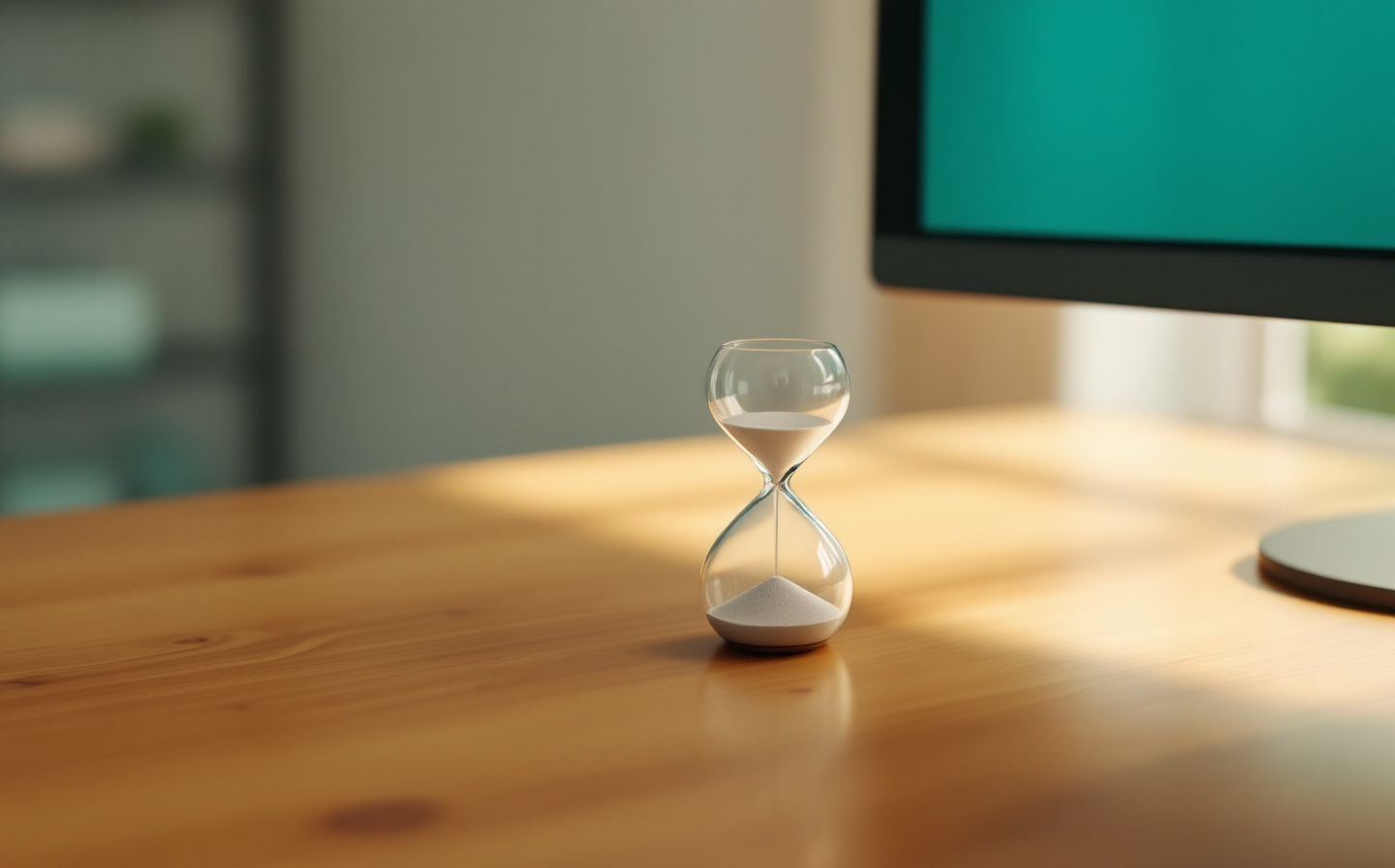 Un sablier sur une table en bois avec un écran flou en arrière-plan, symbolisant l'érosion du temps dans le day trading d'options.