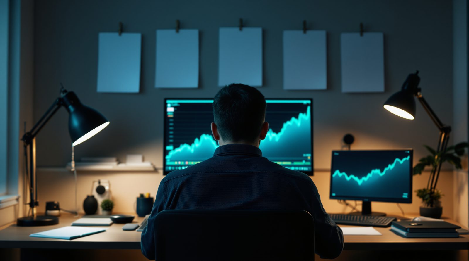 A trader seen from behind at a desk, five blank sheets pinned to the wall like successive stages, a rising line on screen